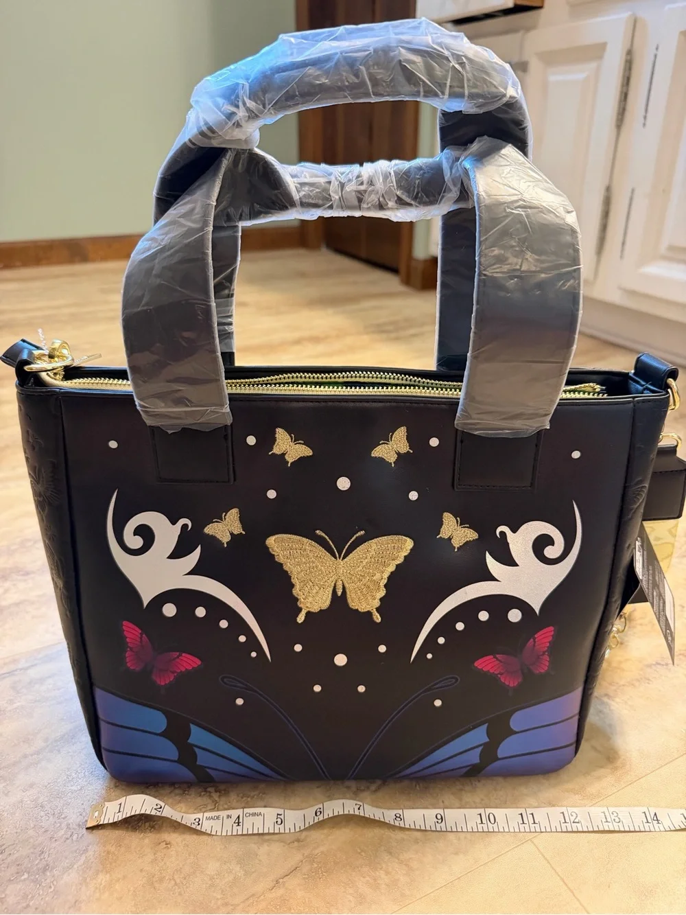 Loungefly Black Tote with Blue & Purple Butterfly Accents and Yellow Strap